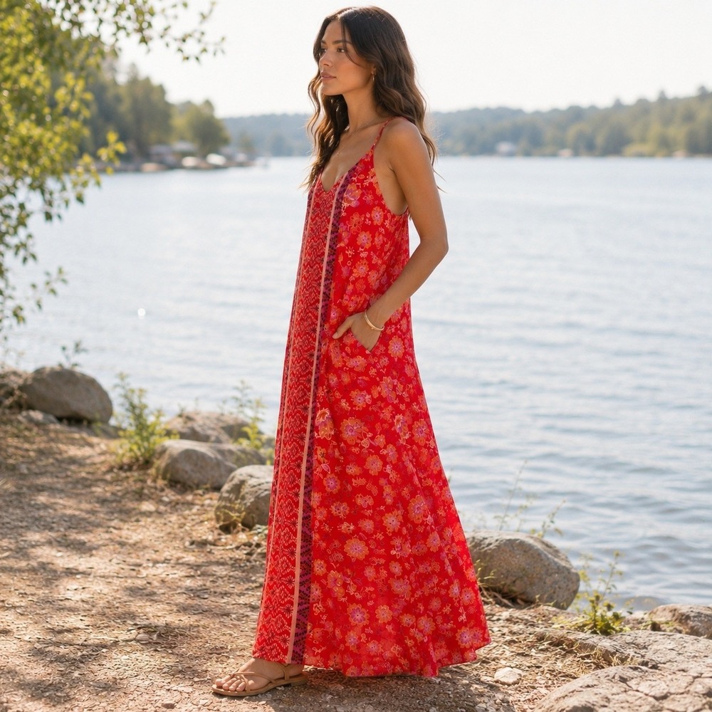 NWT Liverpool Floral Flowy Maxi Dress Red Orange Bohemian Resort Pockets Sz L - Picture 3 of 14